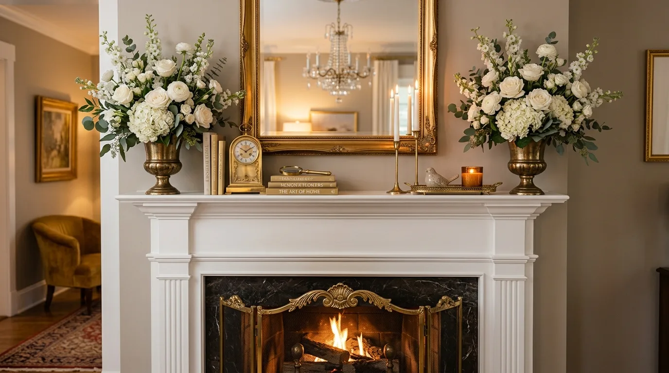 Chic spring mantel with gold accents and white floral arrangements