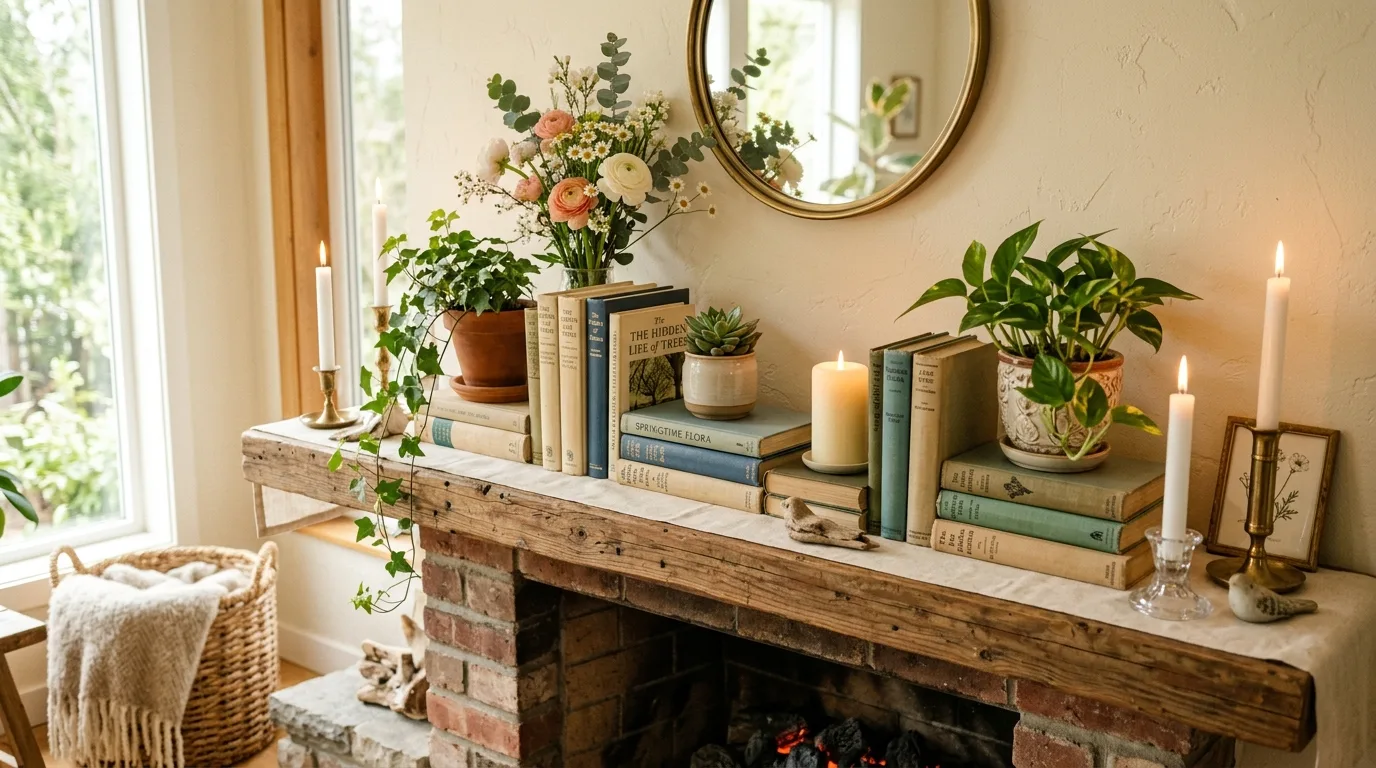 Layered spring mantel display with books, candles, and small plants