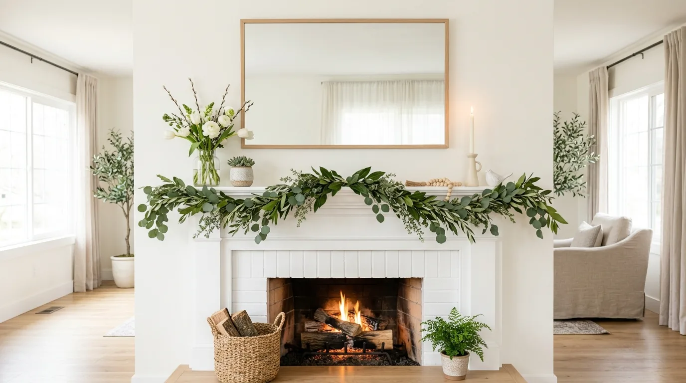 Simple spring mantel with greenery garland and minimal decor