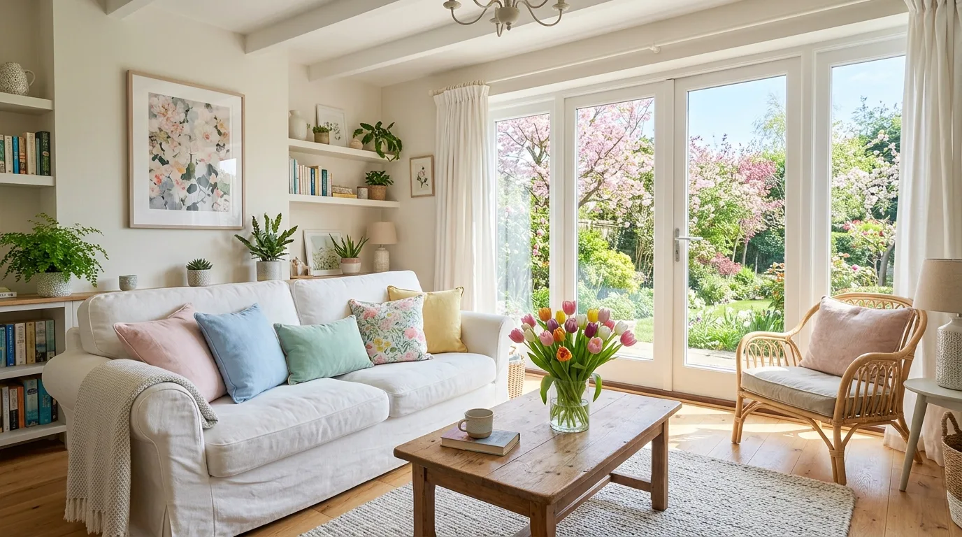Bright spring living room with white sofa, pastel cushions, and fresh tulips