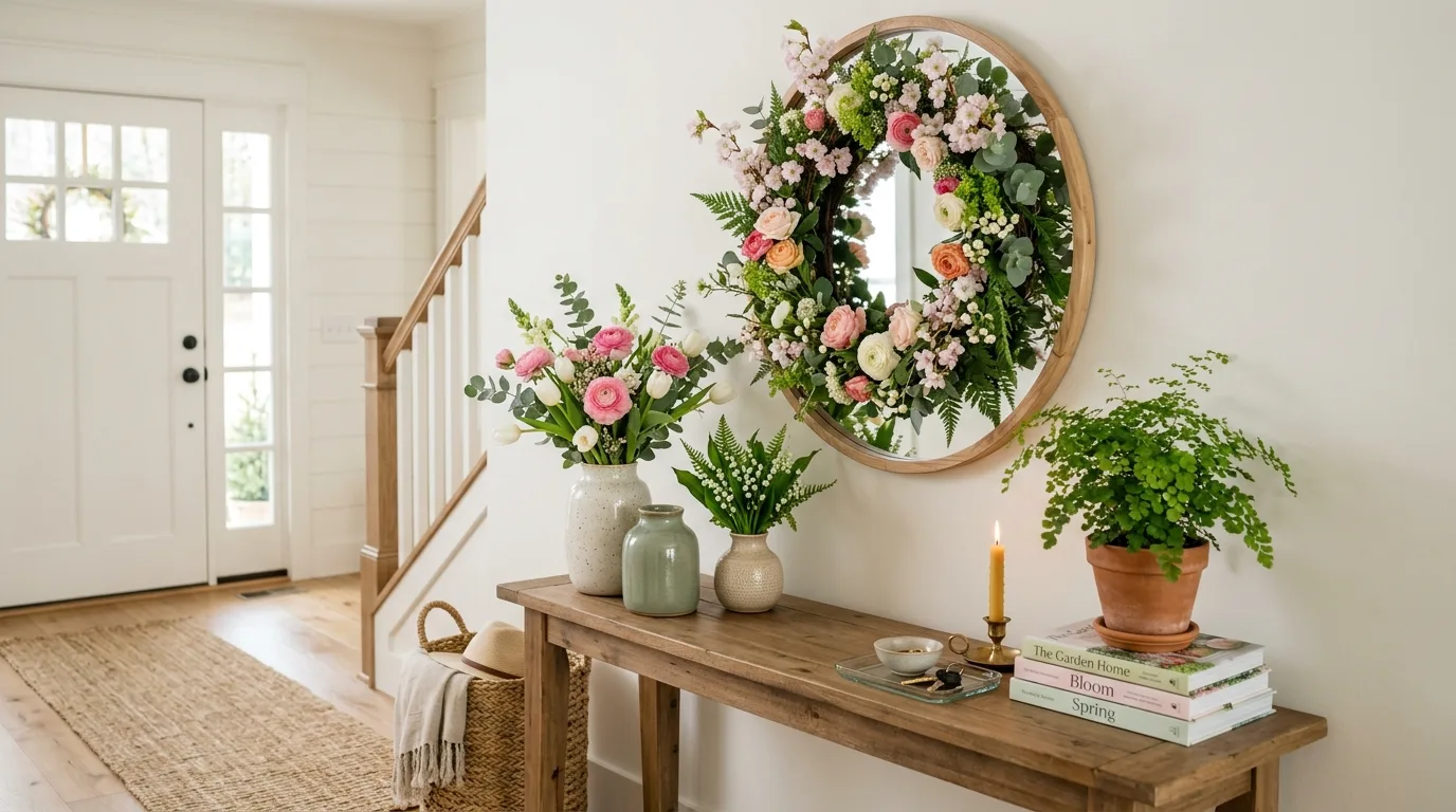 Spring entryway table with floral mirror, ceramic vases, and greenery accents