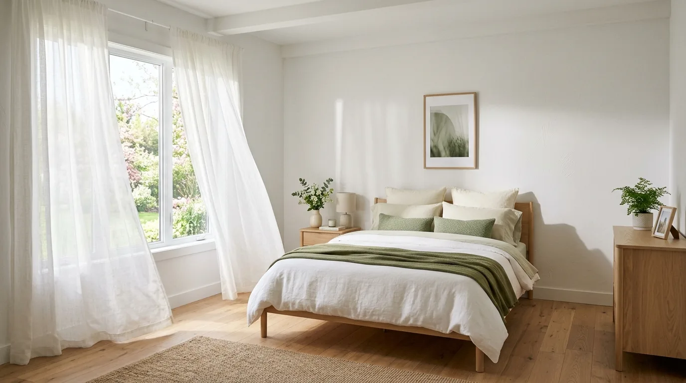 Minimalist spring bedroom with light bedding, soft green accents, and airy curtains