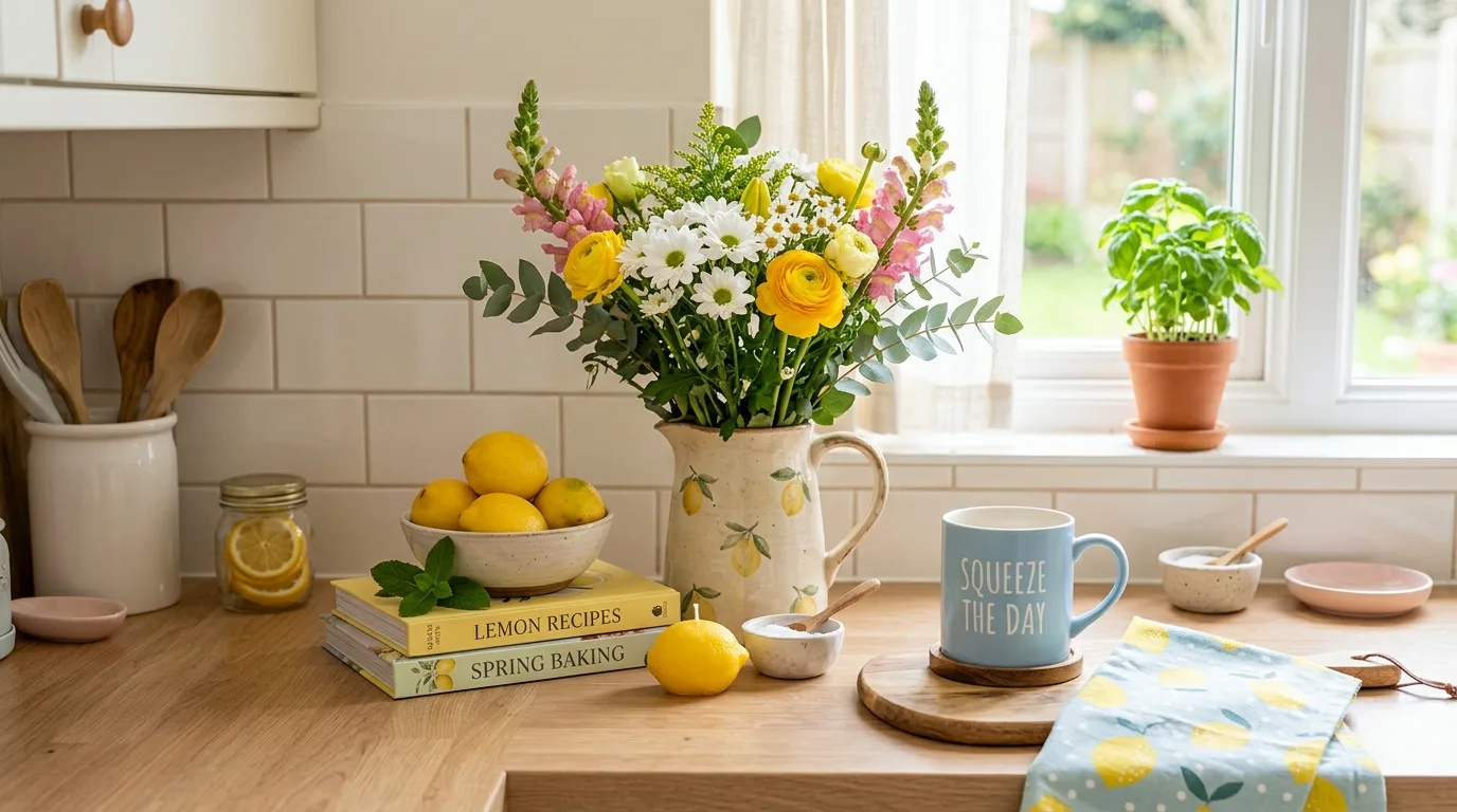 Kitchen counter styled with lemon decor, fresh flowers, and pastel accessories