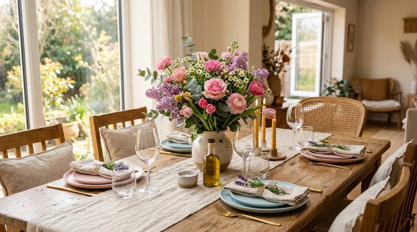 Spring dining table with floral centerpiece, pastel plates, and linen runner