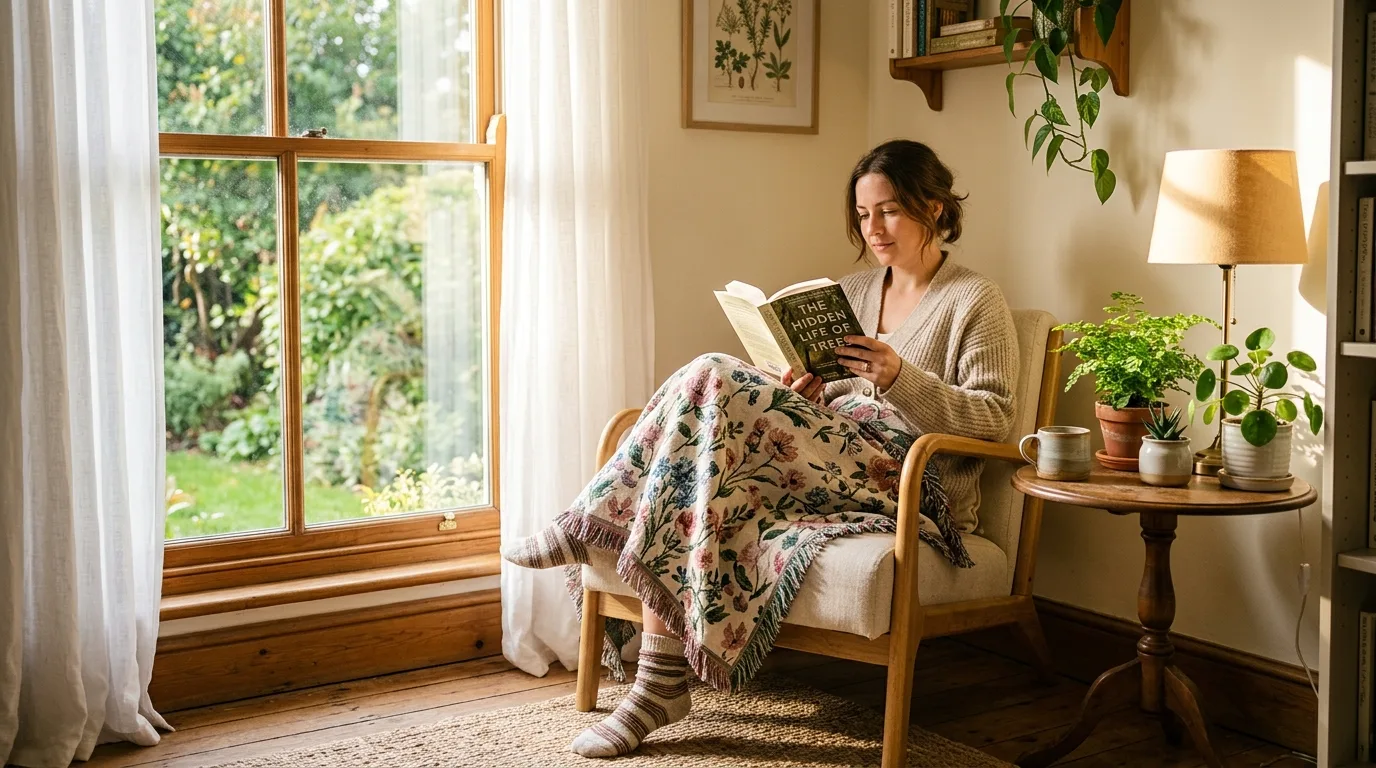 Cozy reading nook with light chair, floral throw blanket, and small potted plants