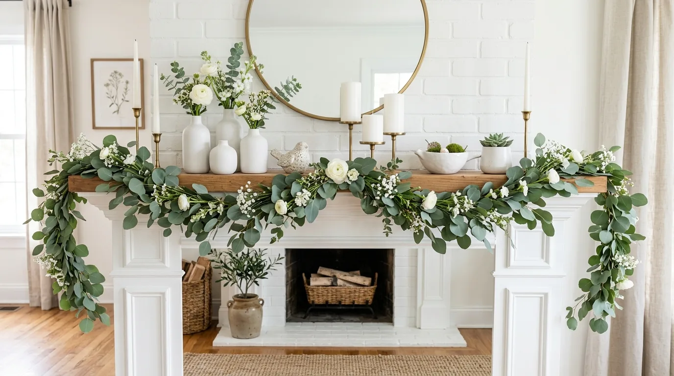 Spring mantel decorated with eucalyptus garland, candles, and white ceramic decor