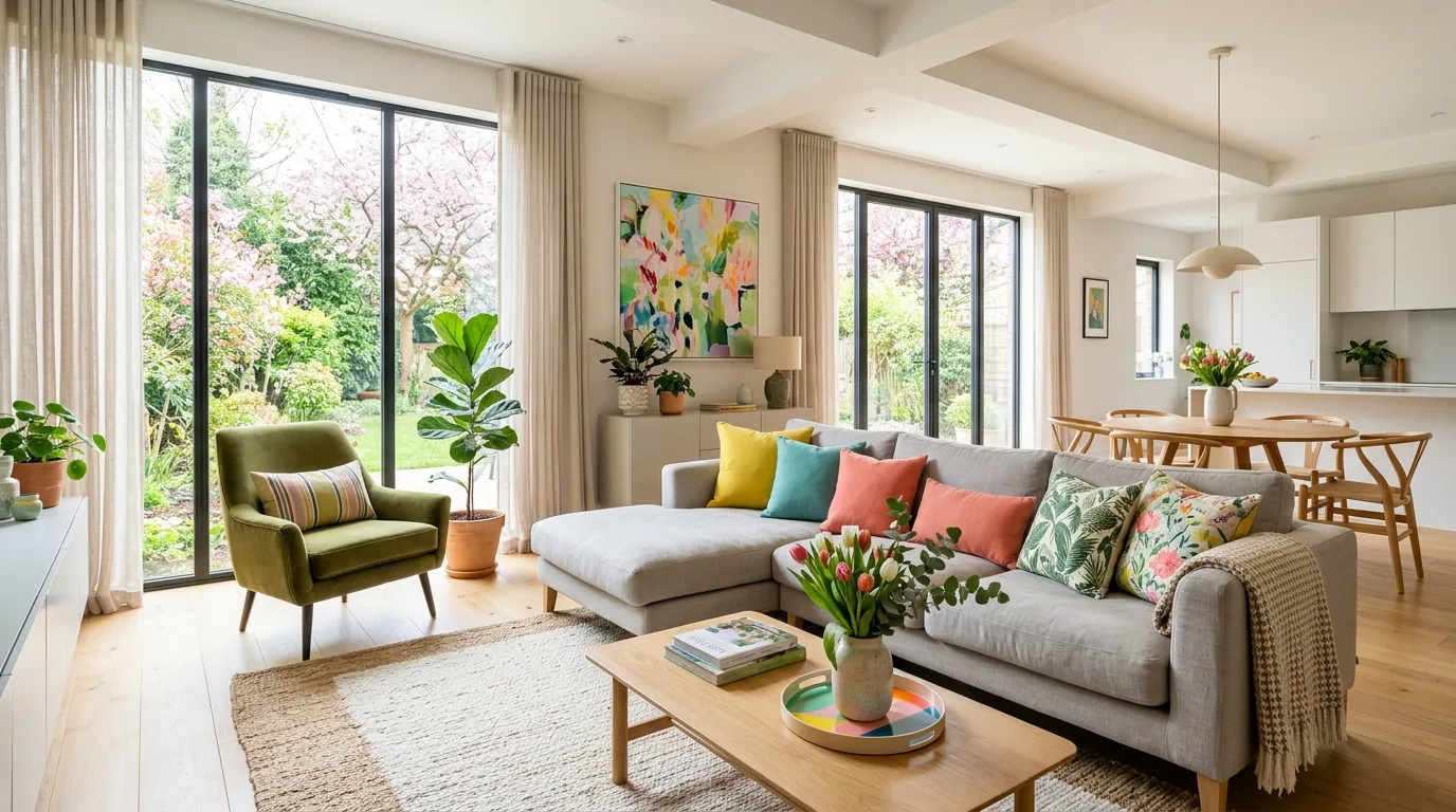 Modern living space with neutral furniture and spring color accents through pillows and decor