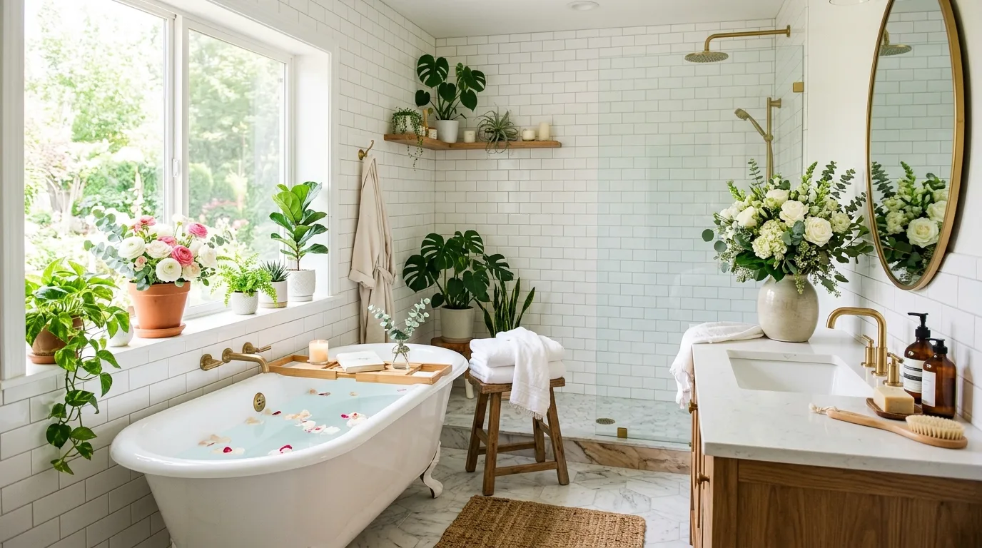 Bathroom styled with fresh flowers, green plants, and clean white tiles
