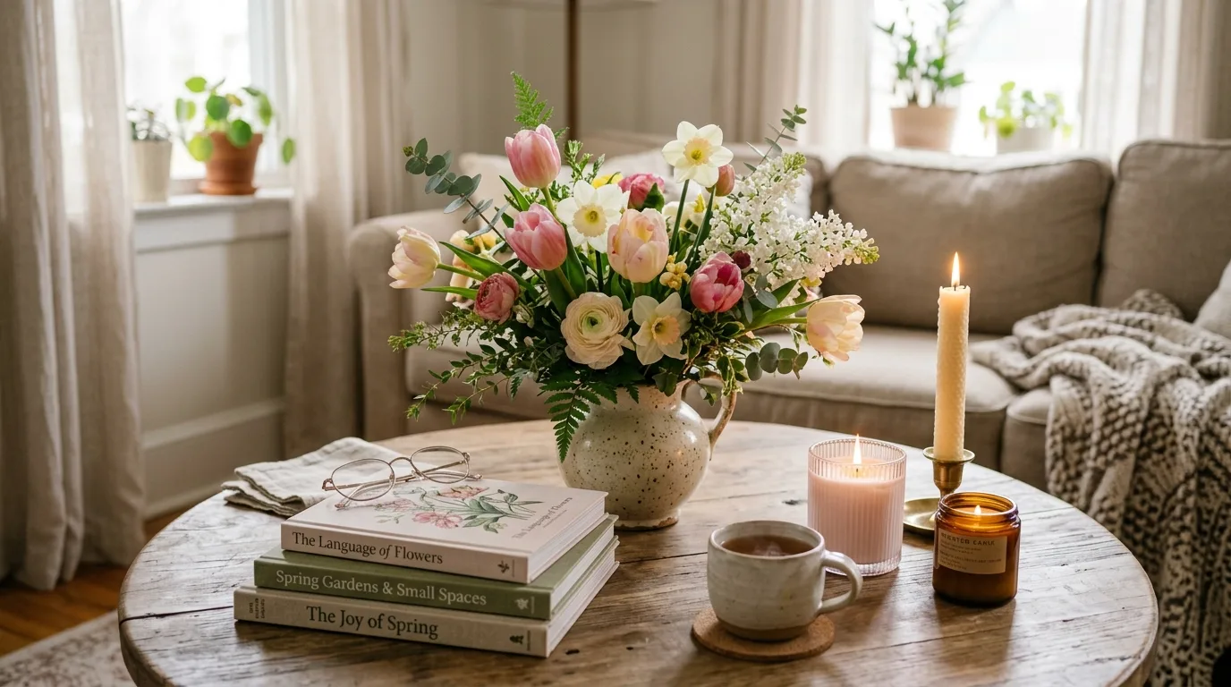 Coffee table decorated with spring books, candles, and floral arrangements
