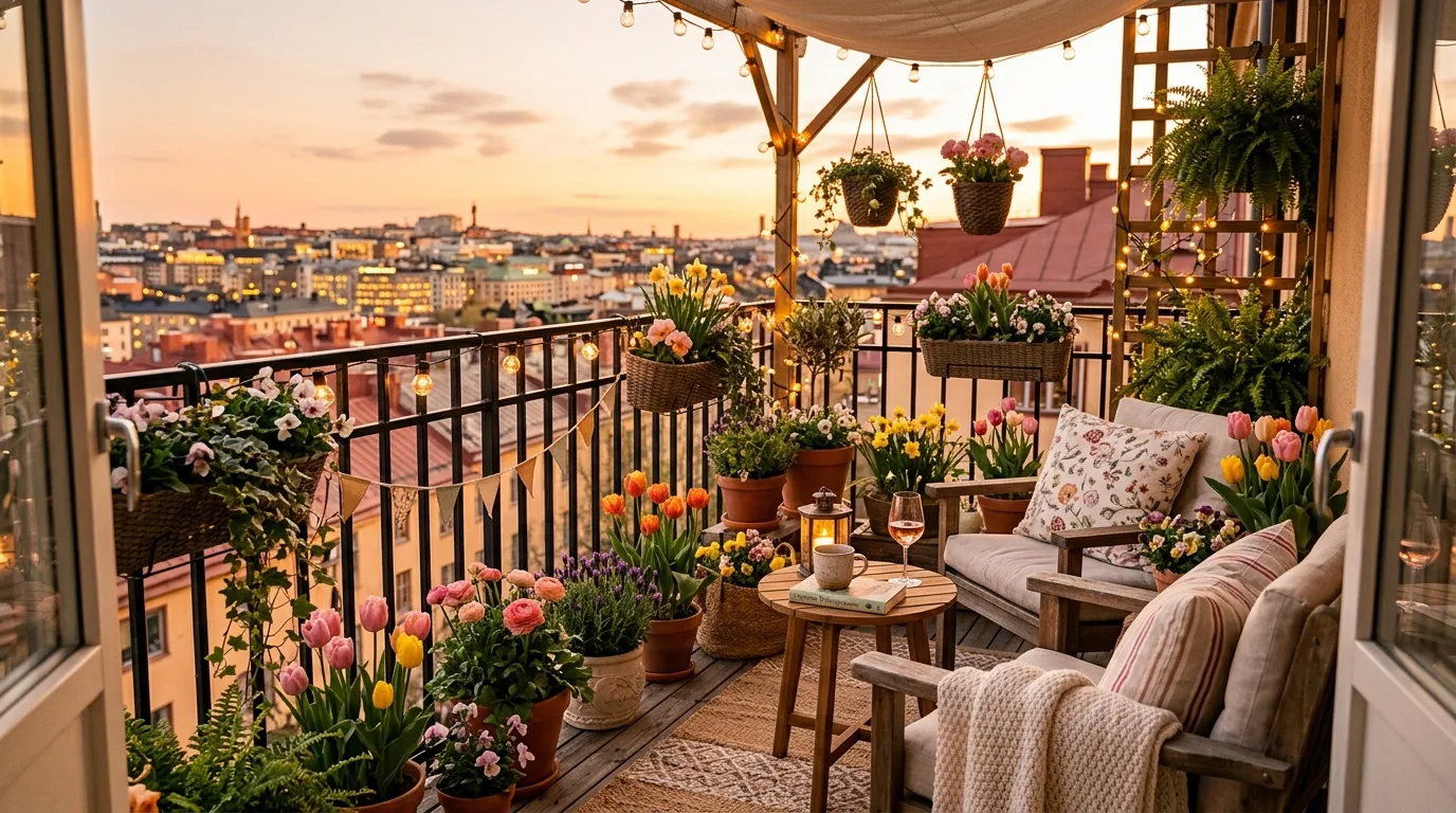 Balcony spring decor setup with potted flowers, fairy lights, and cozy seating