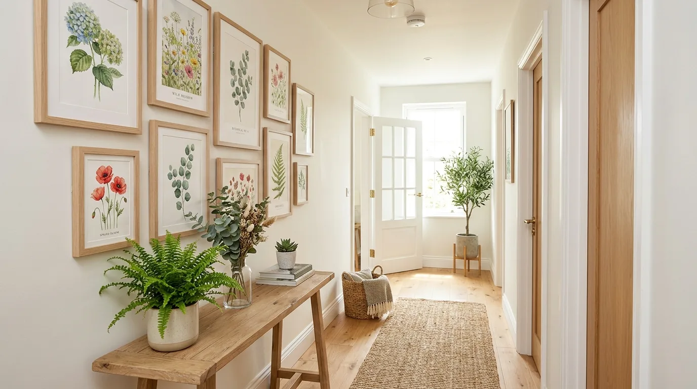 Hallway decorated with framed floral prints, light wood accents, and fresh greenery