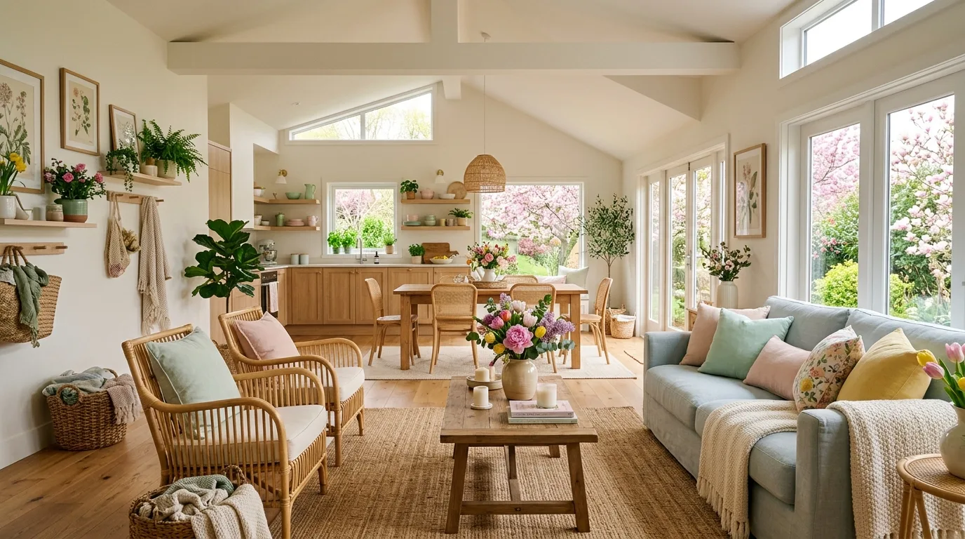 Full open living area decorated for spring with pastel tones, flowers, and natural textures