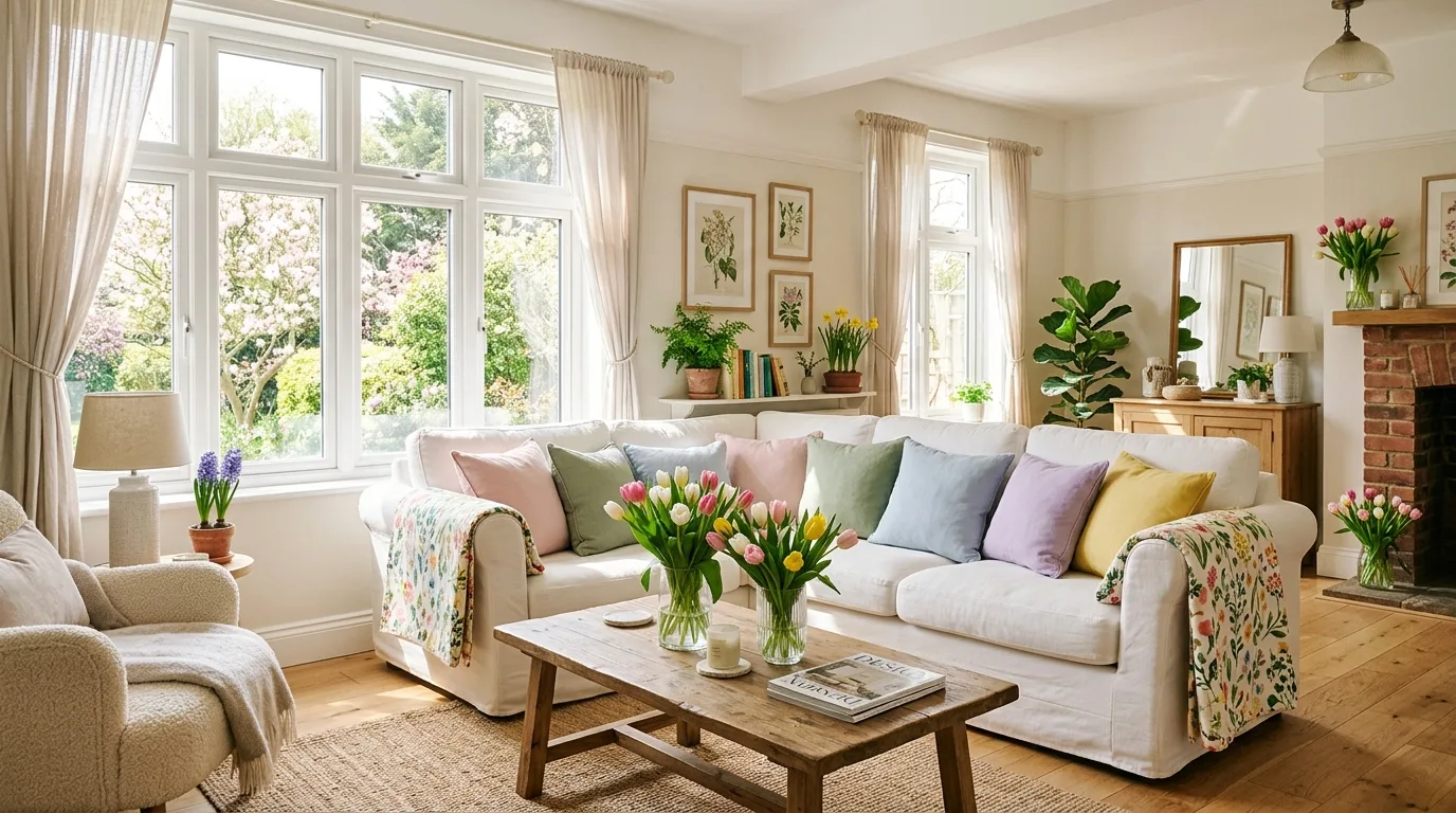 Bright spring living room with pastel cushions, floral throws, and tulips