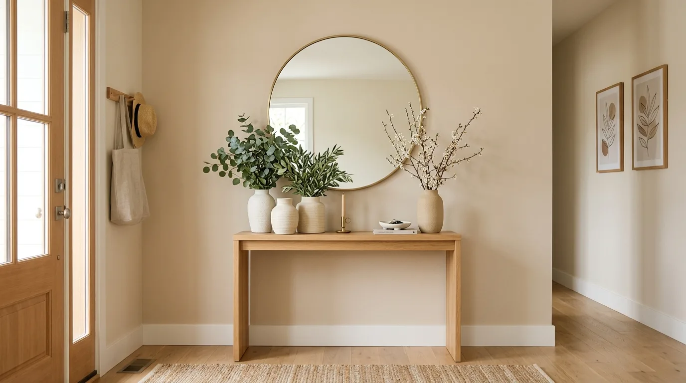 Minimalist spring entryway with wooden console table, greenery, and ceramic vases