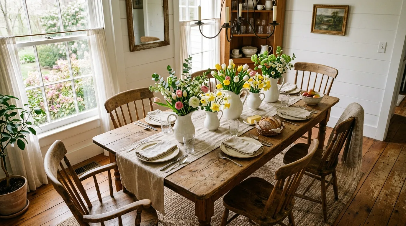 Farmhouse spring dining room with flowers, linen runner, and rustic chairs