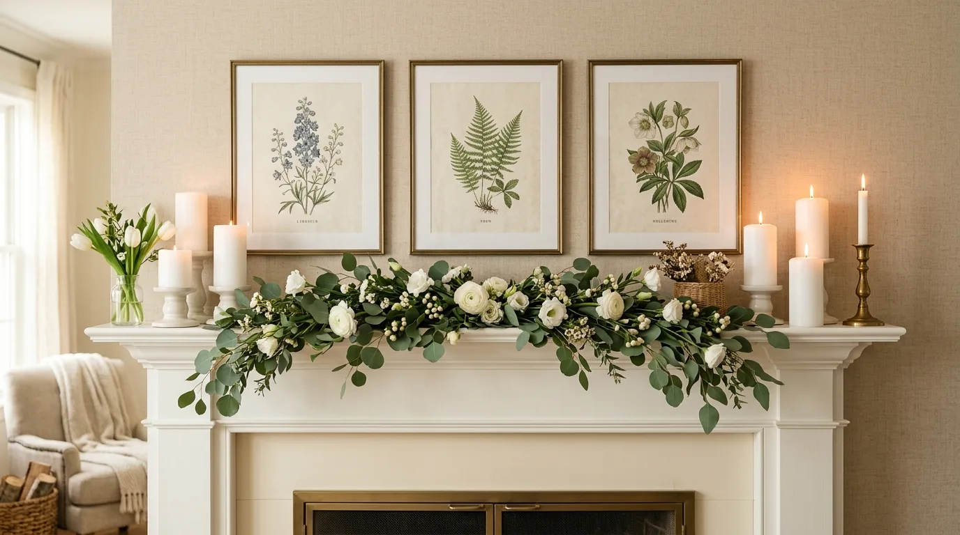 Elegant spring mantel decor with eucalyptus garland, candles, and botanical prints