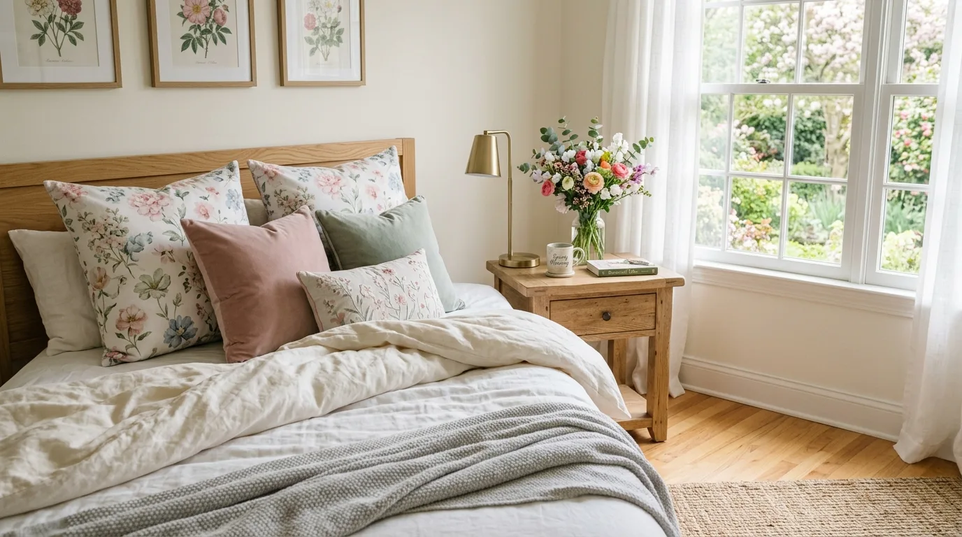 Bedroom spring refresh with floral pillows, pastel accents, and fresh flowers