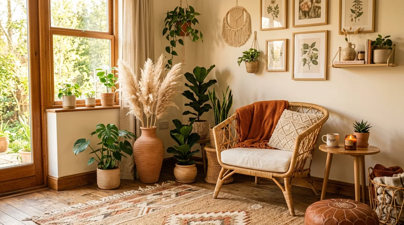 Boho spring corner with rattan chair, pampas grass, woven rug, and indoor plants