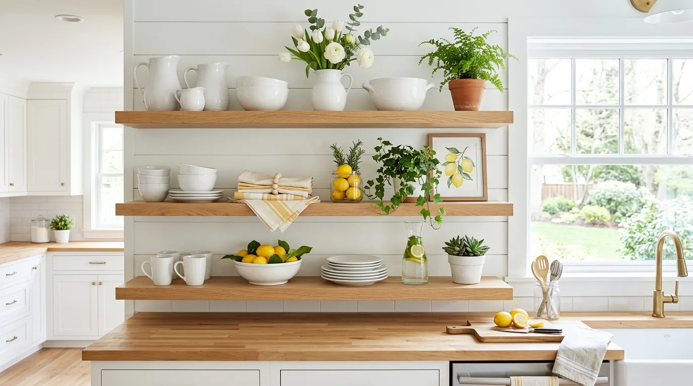 Kitchen spring decor with open shelves, white ceramics, green plants, and lemon accents