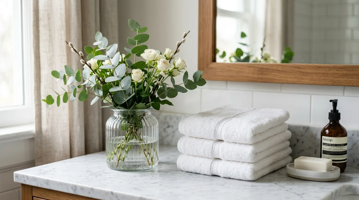 Bathroom spring decor with eucalyptus in jars, white towels, and marble surfaces