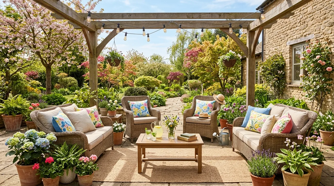 Outdoor patio spring setup with wicker furniture, floral cushions, and potted plants