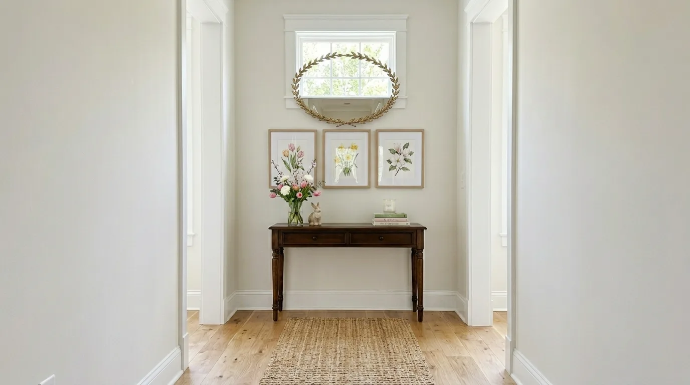 Hallway spring decor with framed floral art, console table, and mirror