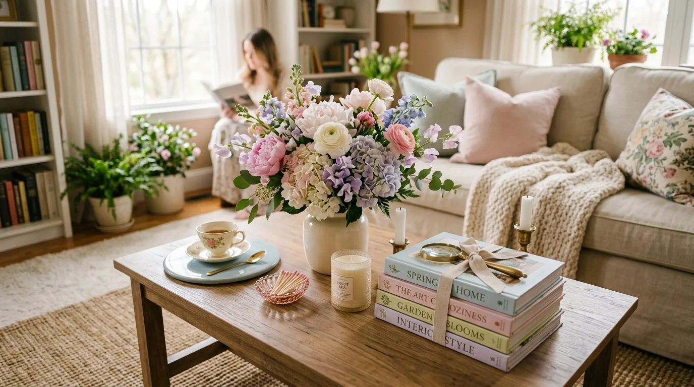 Spring coffee table styling with flowers, books, candles, and pastel accents