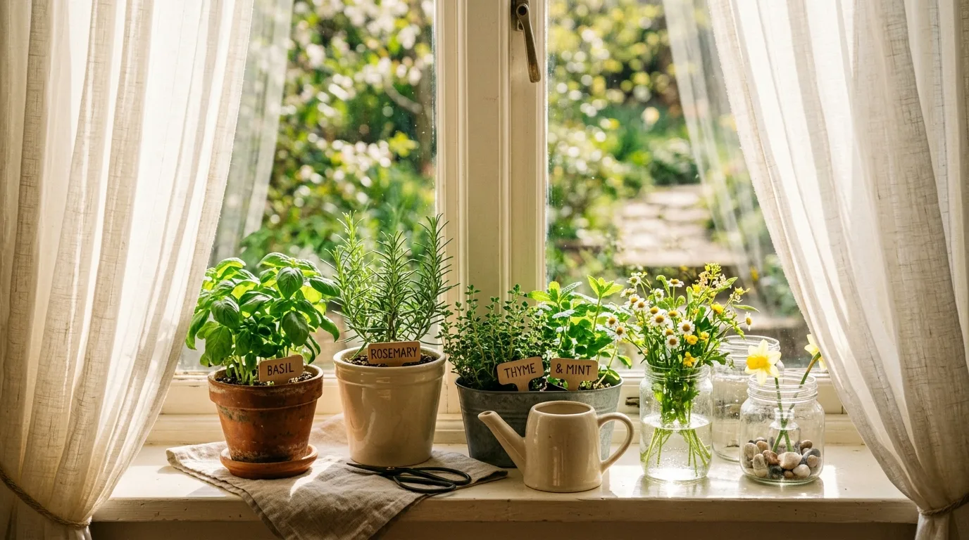 Window sill spring decor with herbs, glass jars, and sunlight through sheer curtains