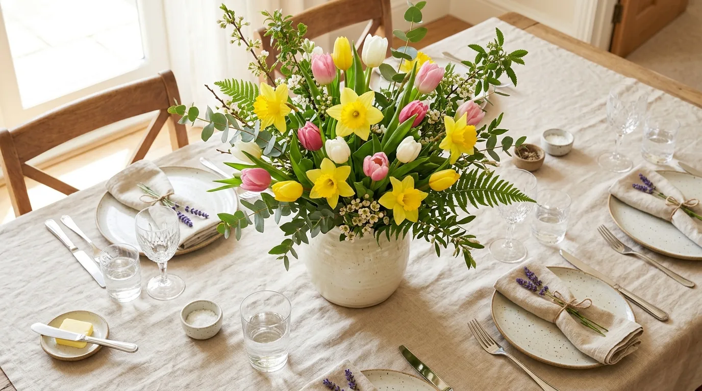 Dining table spring centerpiece with tulips, daffodils, and greenery in ceramic vase
