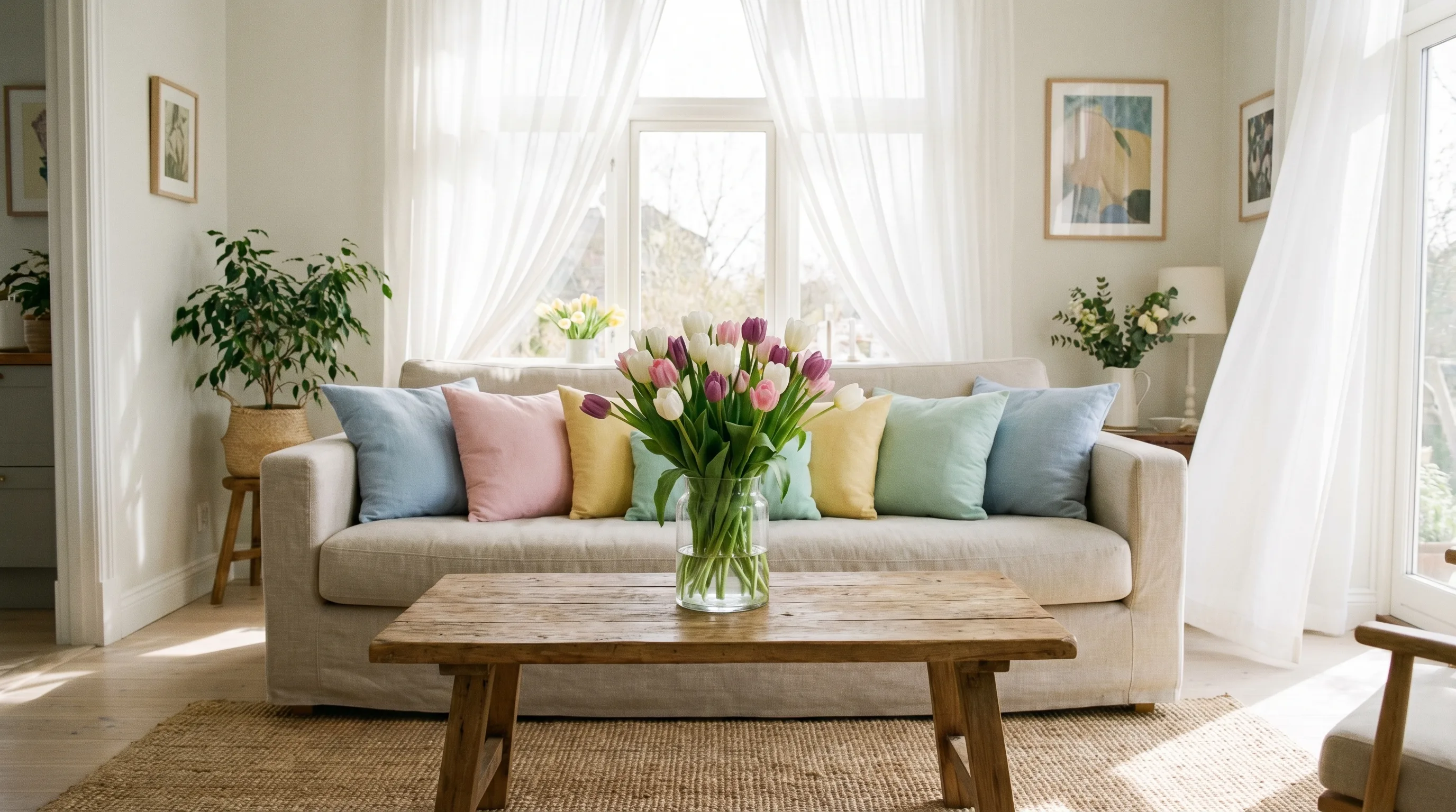Bright spring living room with pastel cushions and tulips
