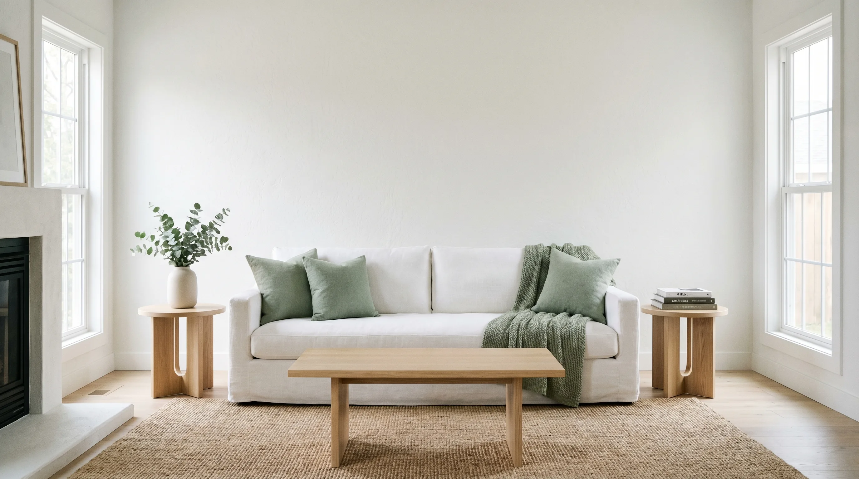 Minimal spring living room with white sofa, green pillows, and eucalyptus