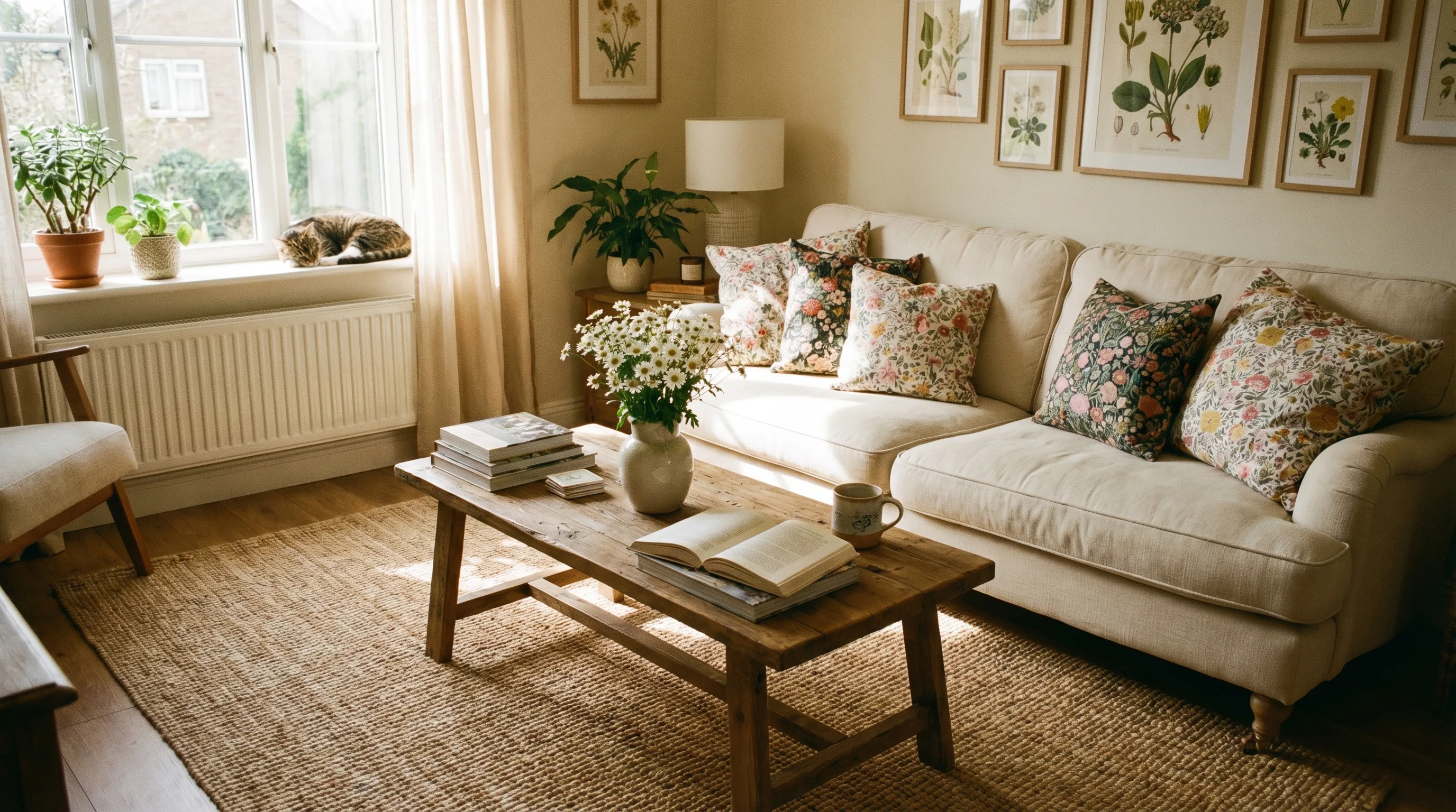Cozy spring living room with floral cushions, daisies, and woven rug