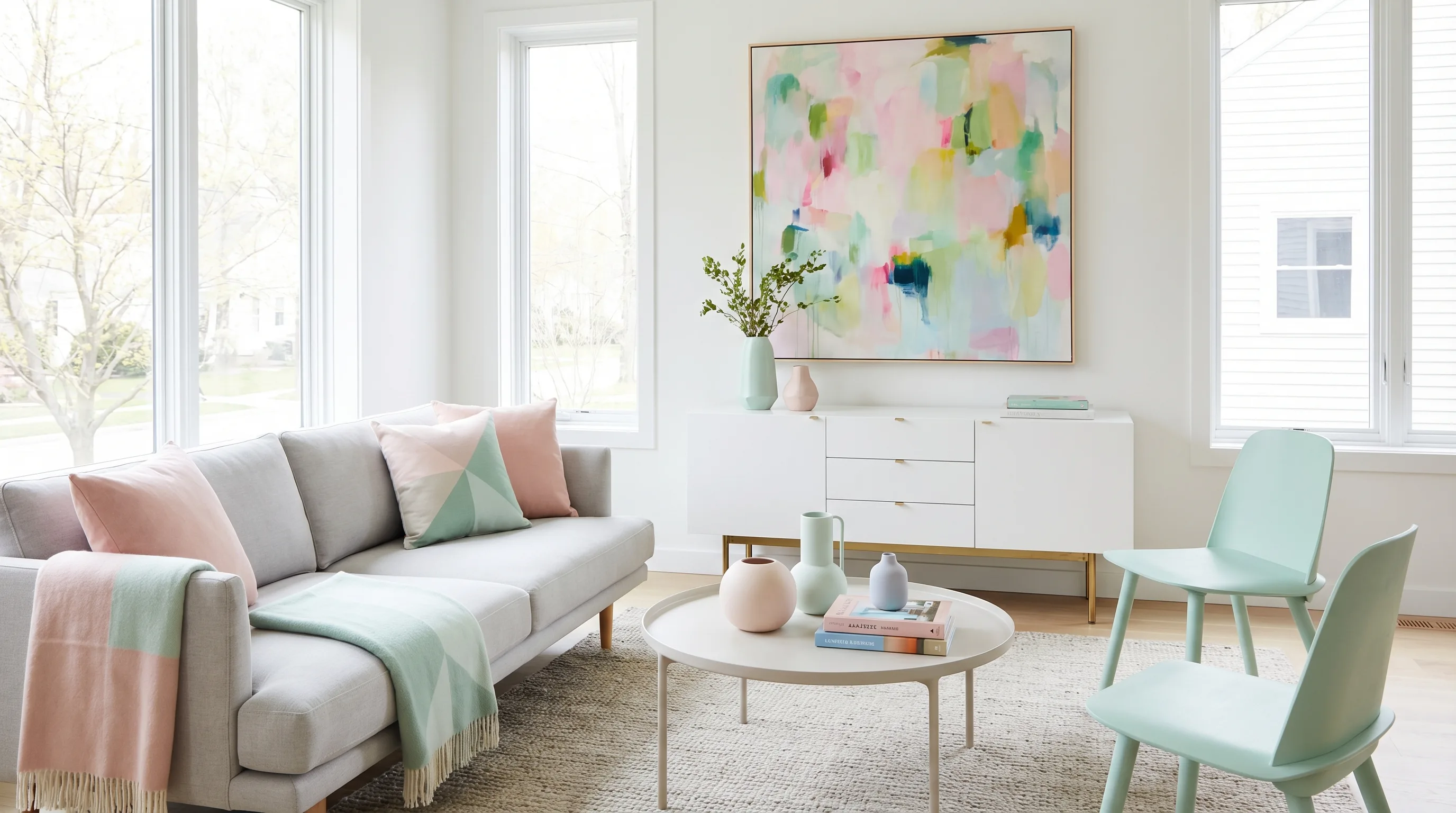 Modern living room with blush and mint spring accents