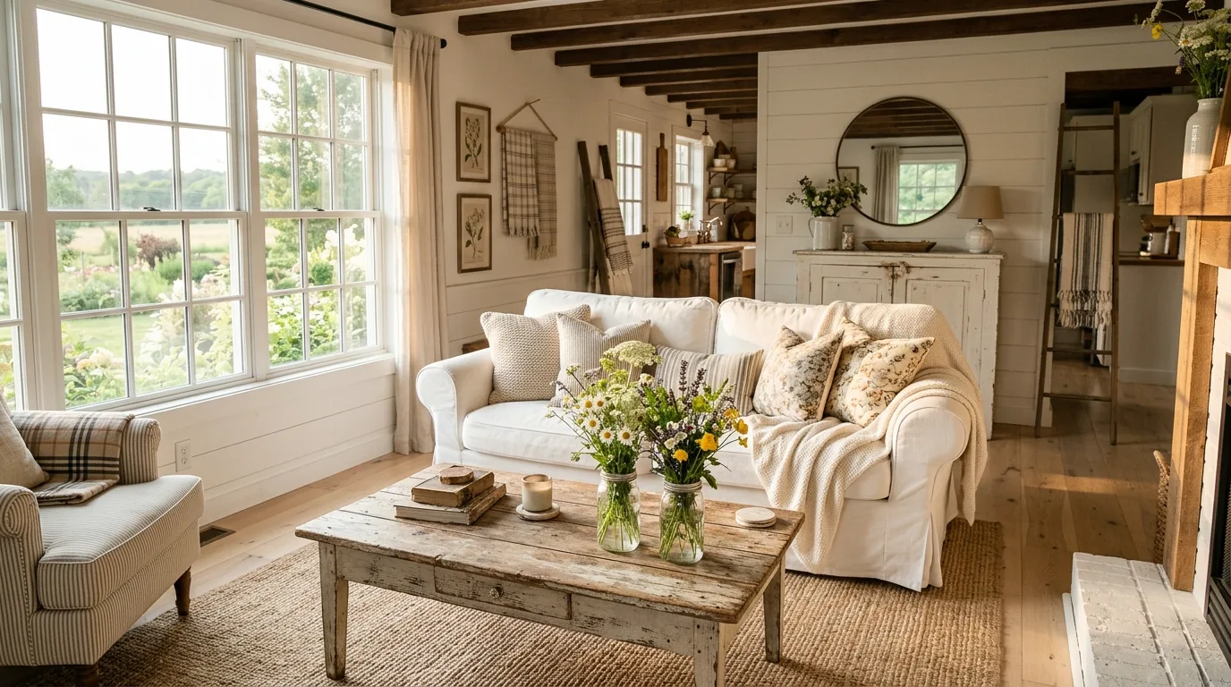 Farmhouse spring living room with white sofa, wildflowers, and distressed wood