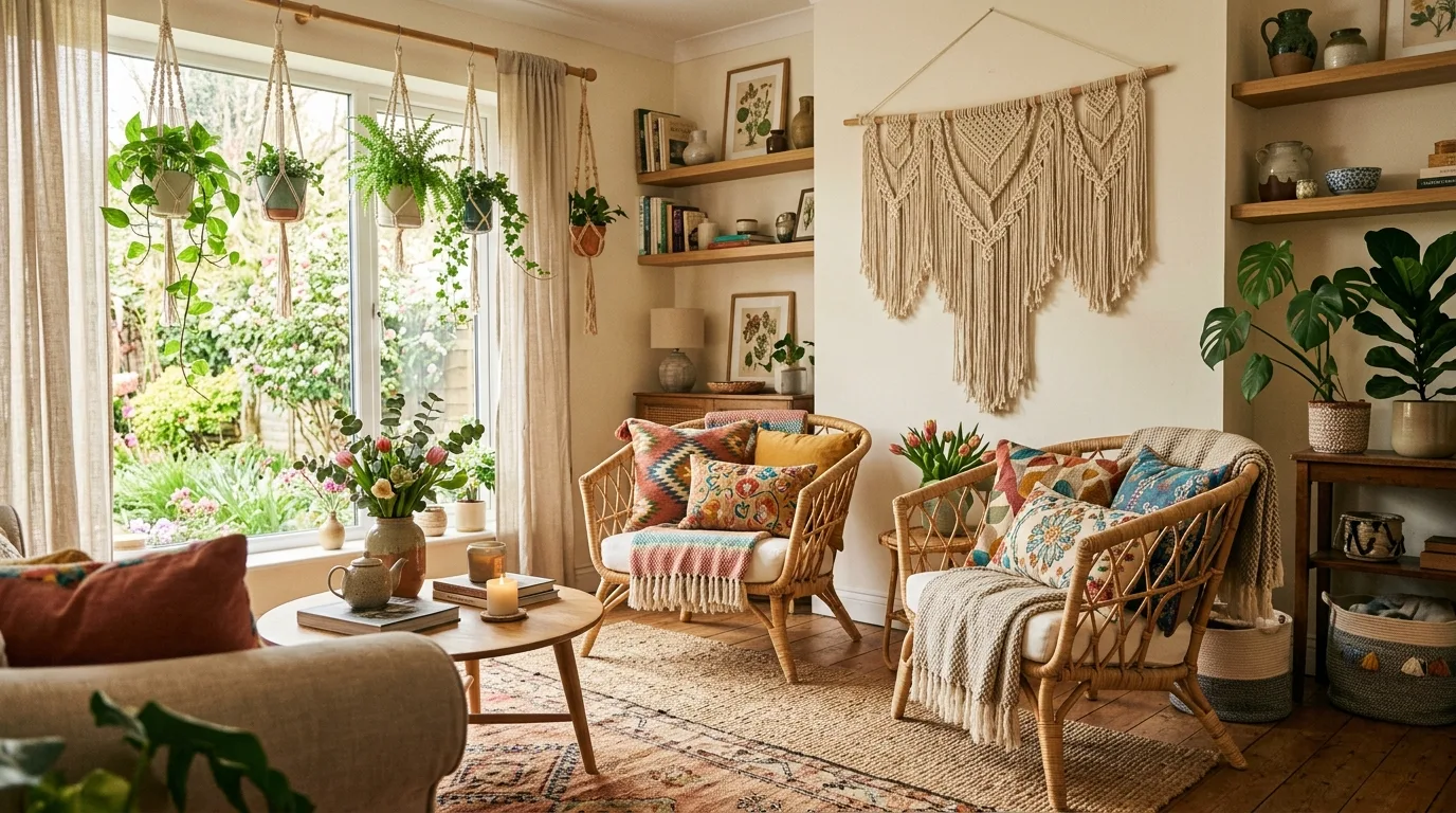 Boho spring living room with rattan chairs, plants, and colorful cushions