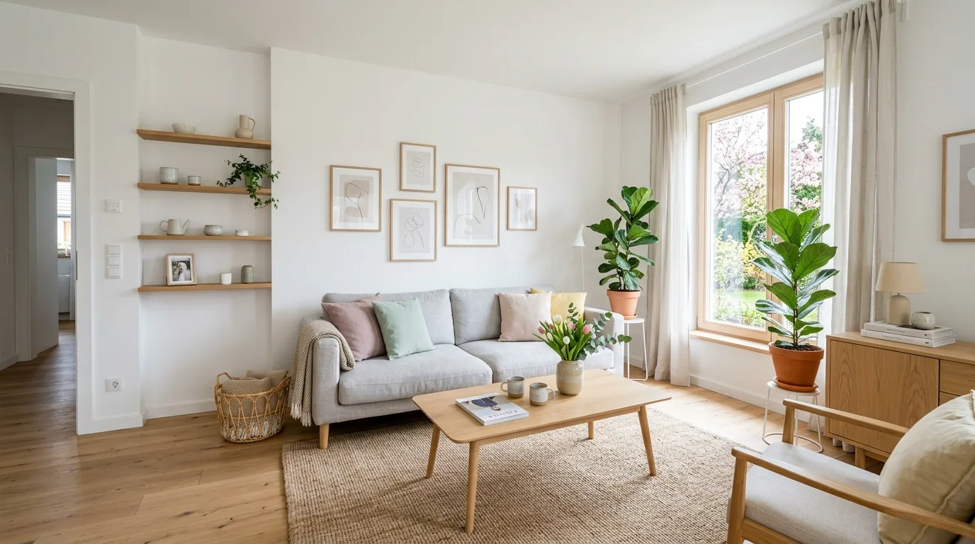 Scandinavian spring living room with white walls, light wood, and greenery