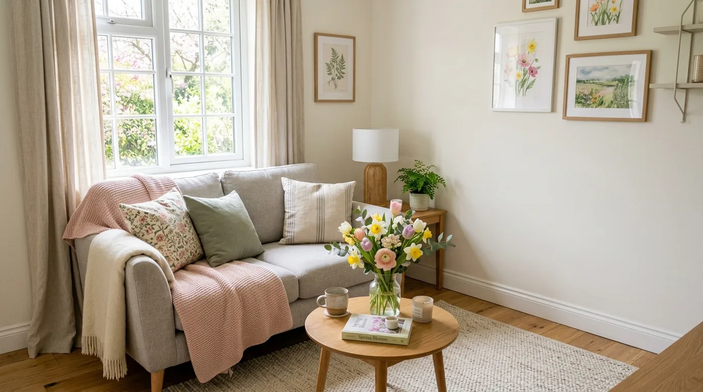 Small living room refreshed for spring with pastel throws and flowers