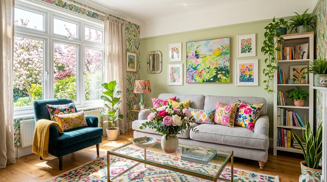 Vibrant spring living room with floral patterns, colorful cushions, and peonies