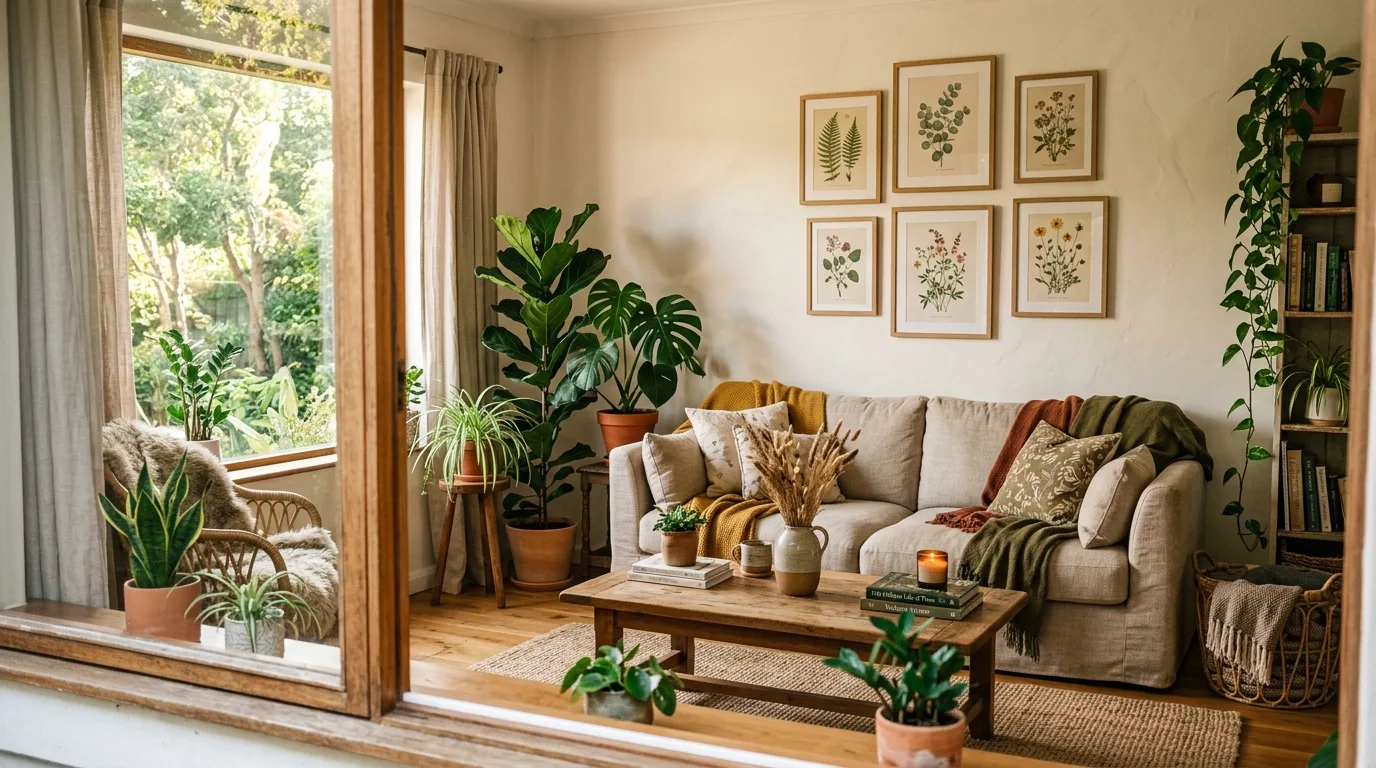 Nature-inspired spring living room with plants, botanical prints, and earthy tones