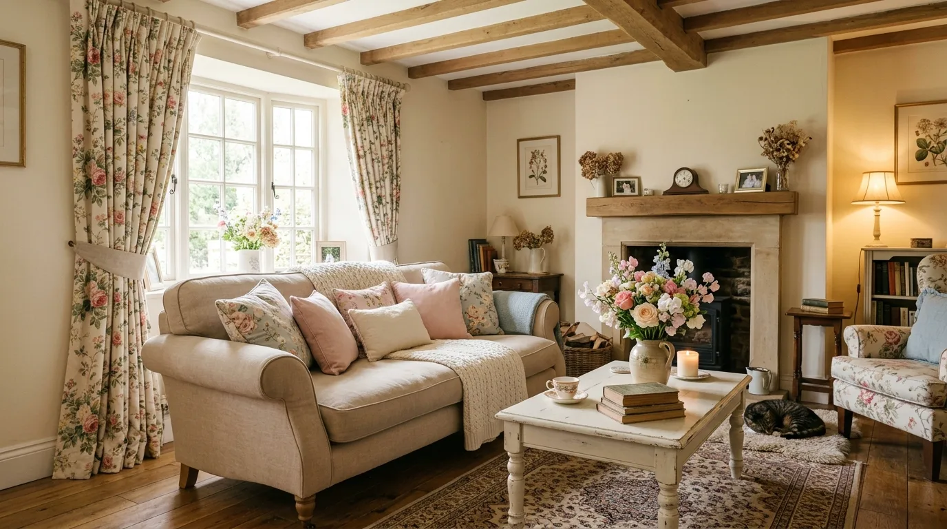 Cozy cottage-style spring living room with floral curtains and fresh flowers