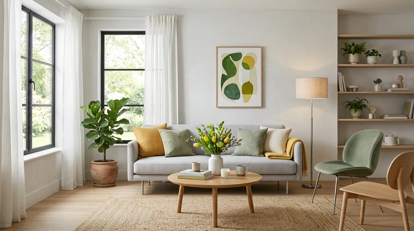 Contemporary living room with spring yellow and green accents