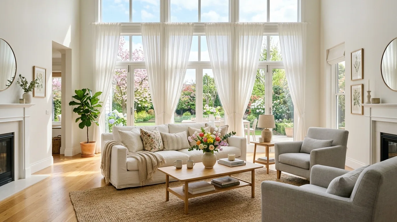 Bright airy living room with large windows, white sofa, and spring blooms