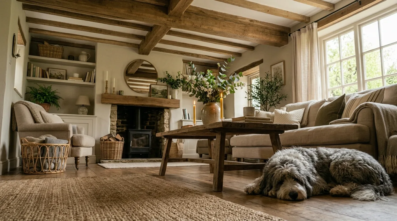 Rustic spring living room with wood elements, baskets, greenery, and candles