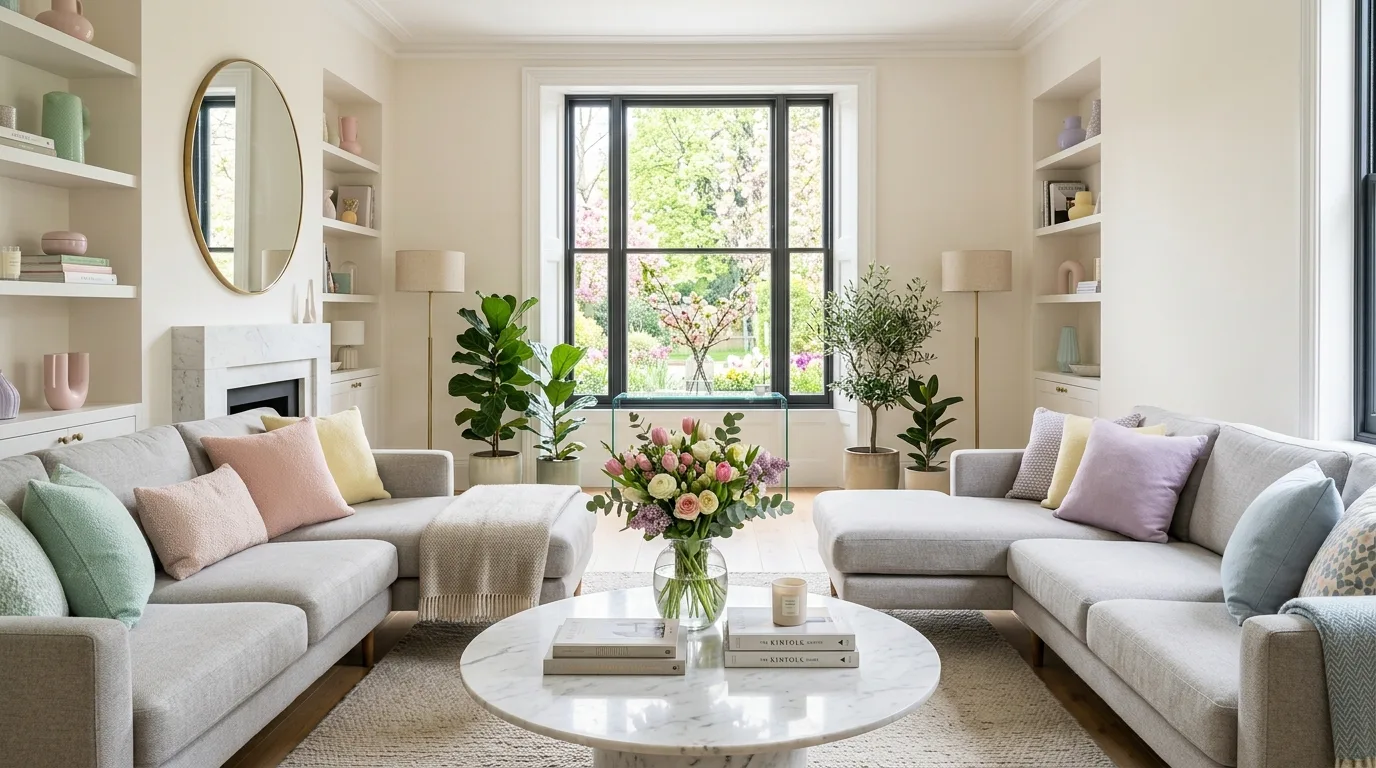 Chic modern living room styled for spring with pastel accents and fresh flowers