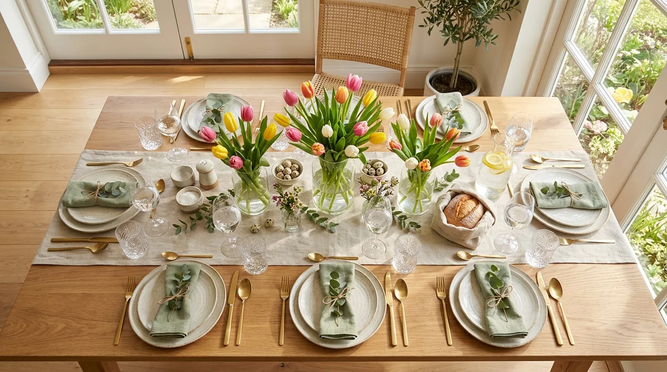 Spring dining table with tulips, linen runner, and white ceramic plates