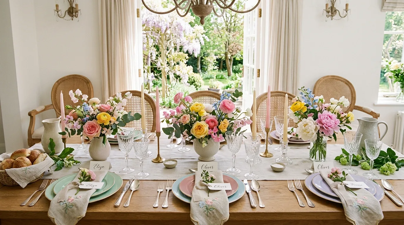 Spring dining table with pastel tableware and floral centerpieces