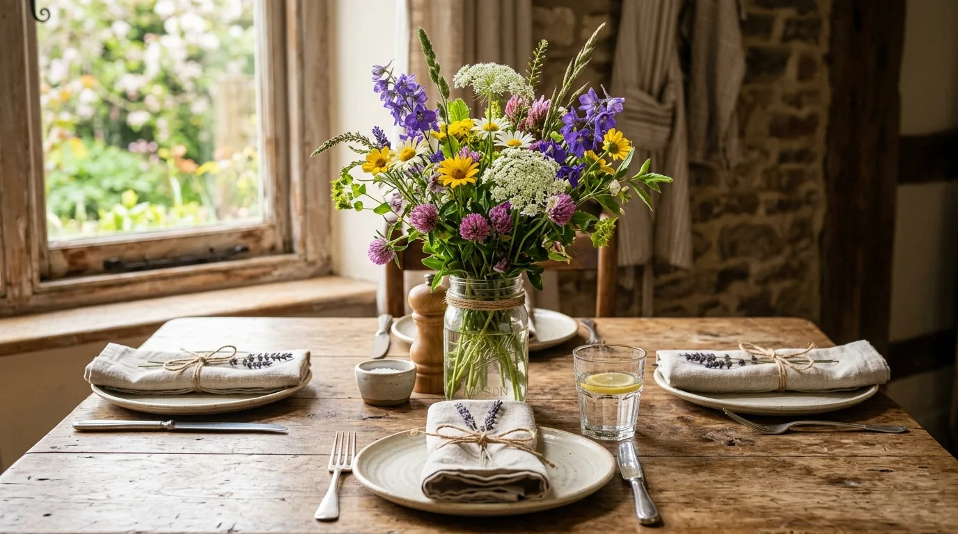 Rustic spring table with mason jar wildflowers and linen napkins