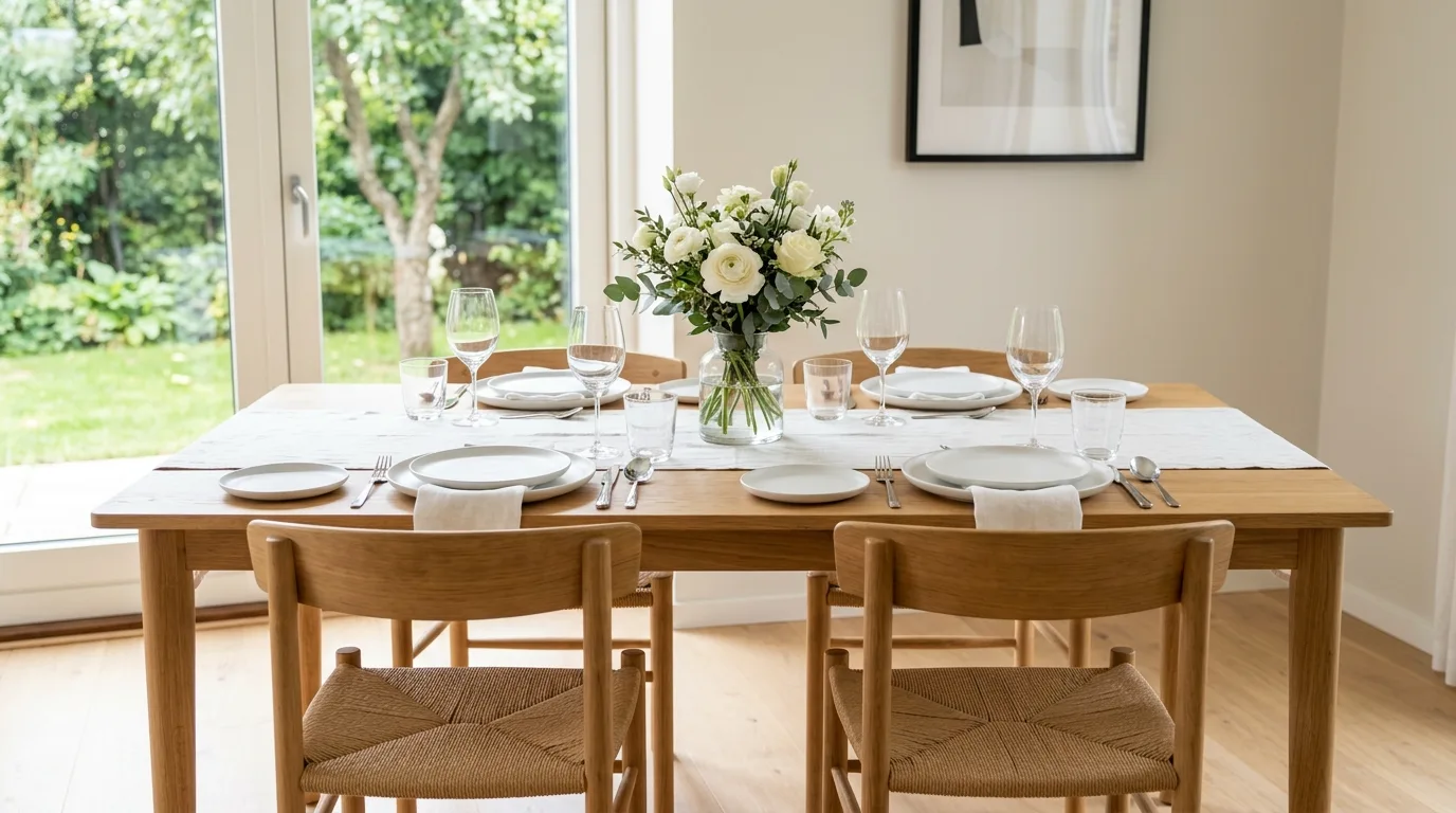 Modern spring dining table with minimalist decor and clear glassware