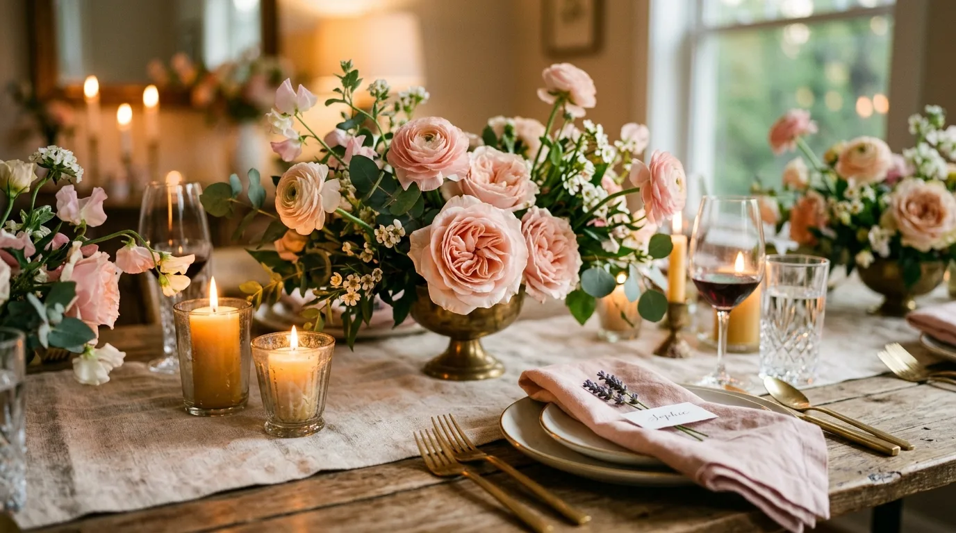 Romantic spring table setup with blush accents, candles, and flowers
