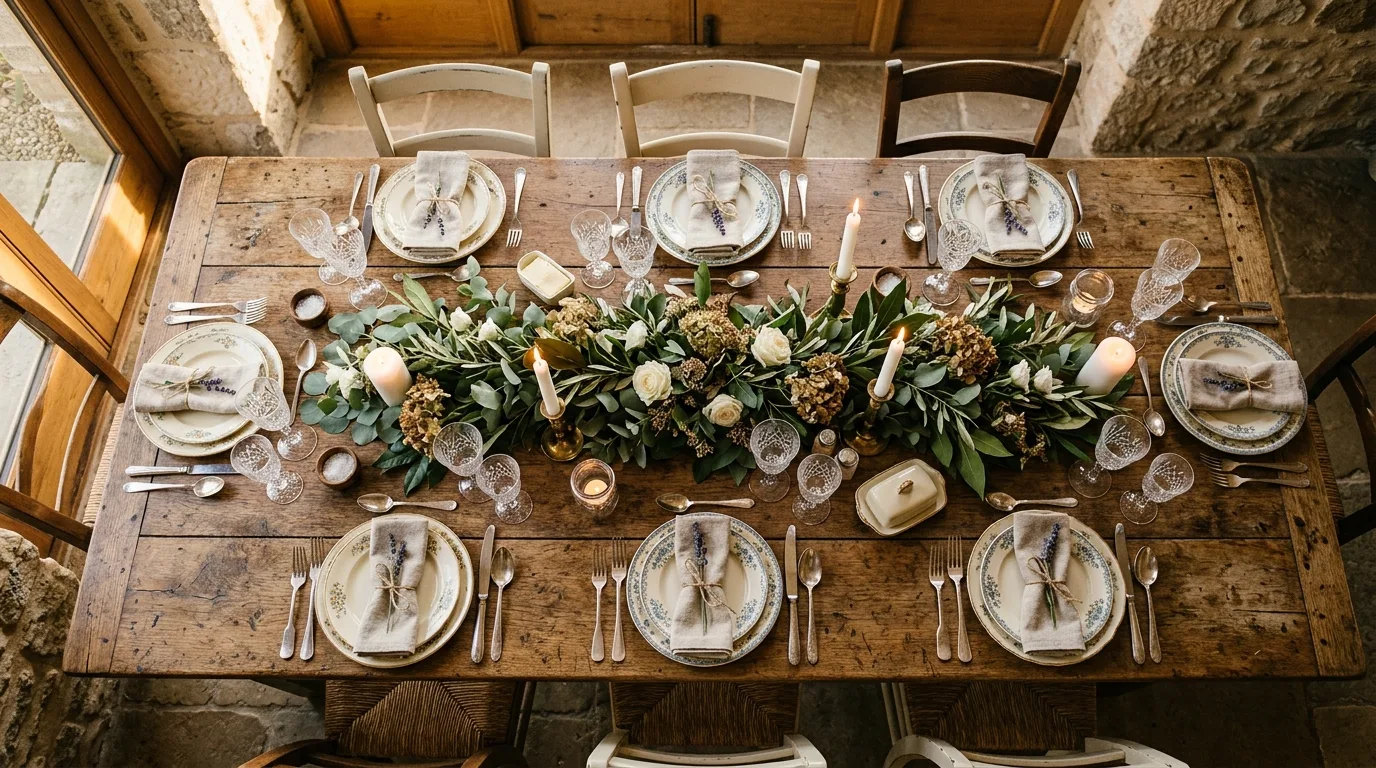 Farmhouse spring table with greenery garland and vintage-style tableware